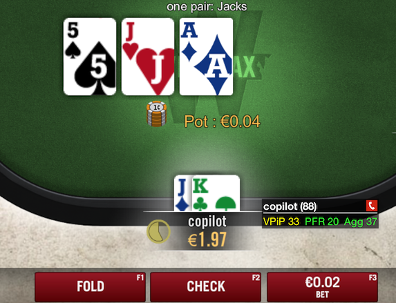 Player deciding whether to fold, check, or bet, with poker HUD panel showing.