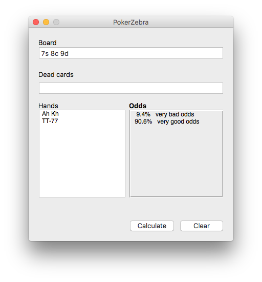 PokerZebra calculating odds against a range